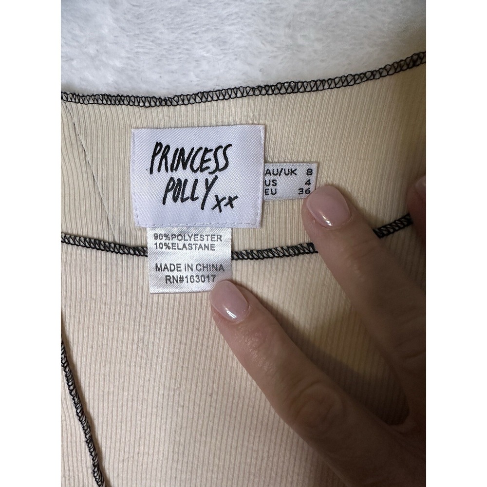 Princess Polly Crop Top Womens 4 Waffle Knit Off White Long Sleeve Black Trim - Picture 3 of 12